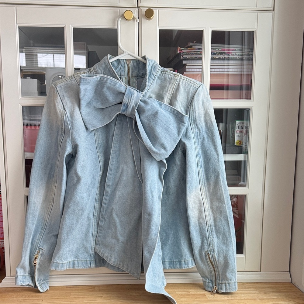 Light Blue Denim Jacket with Bow Accent